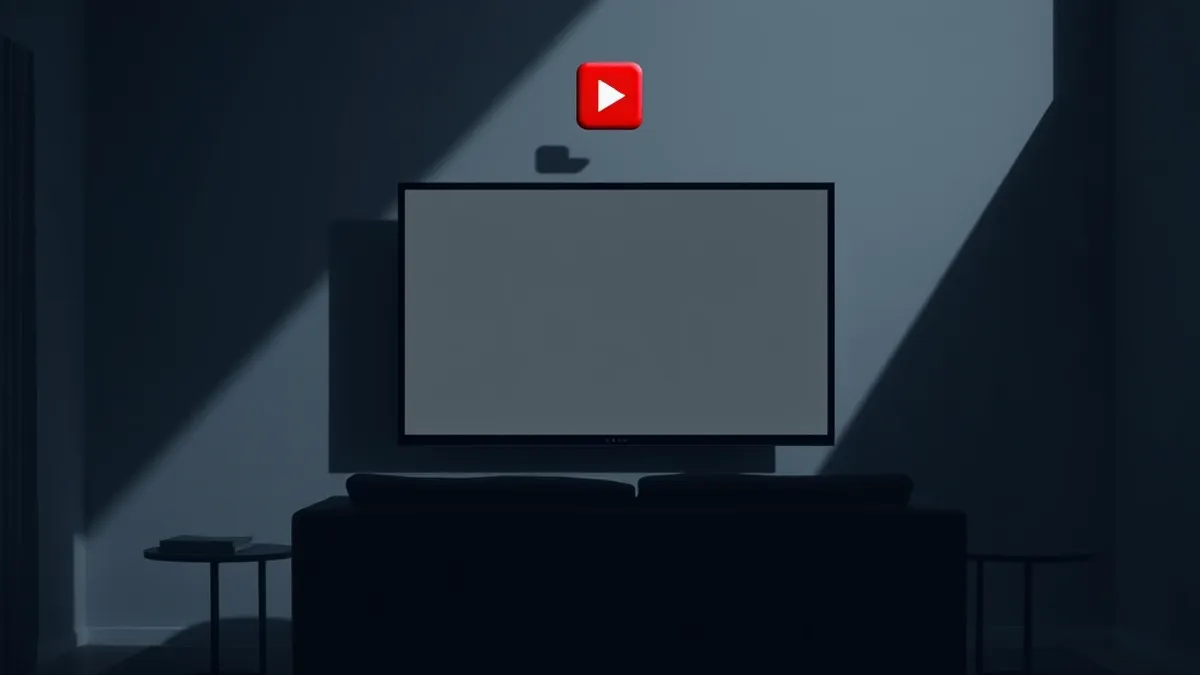 Illustration: A large black television set sits in a dark living room, its screen displaying a frozen, blank gray interface.
