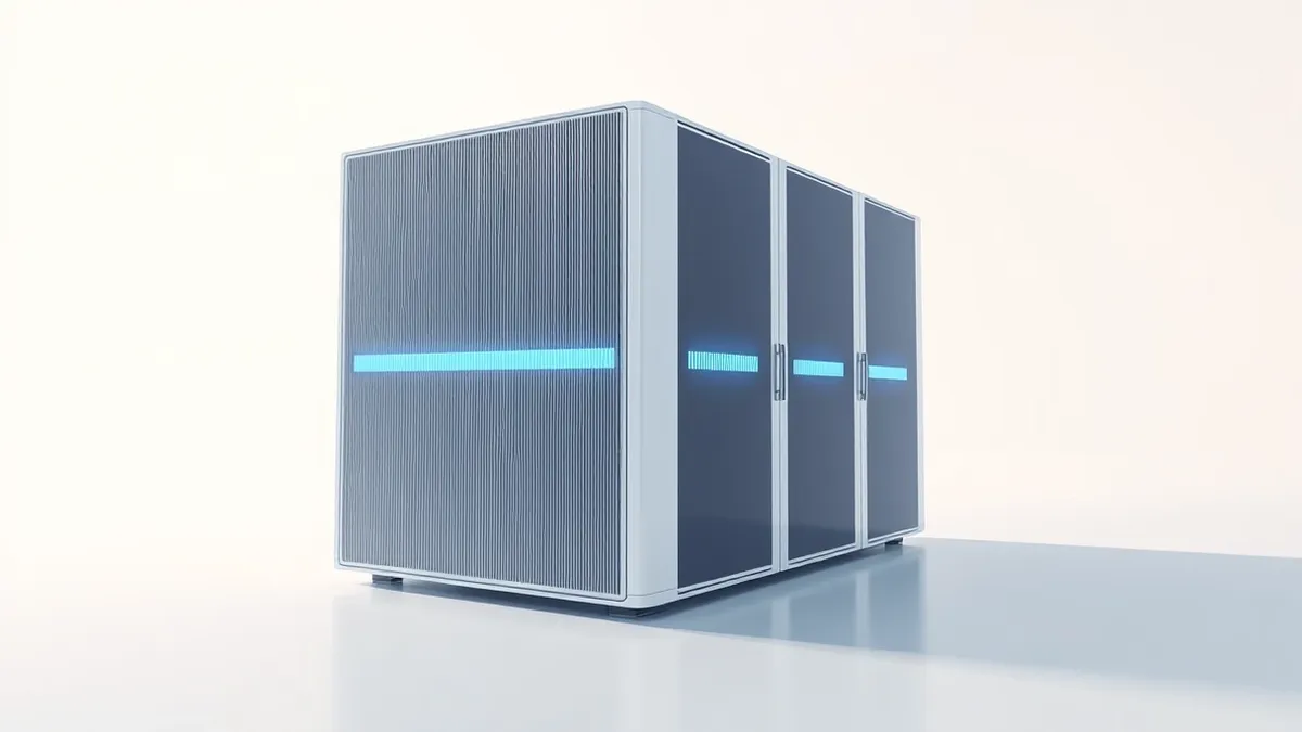 Illustration: A sleek white server unit sits in a clean white room with a digital progress bar slowly filling from left to right on its front panel.