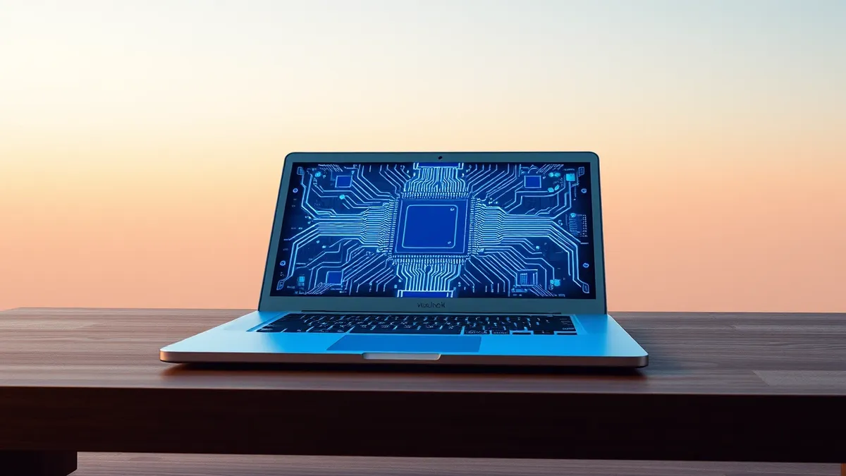 Illustration: A sleek silver laptop sits open on a wooden desk, its internal logic board visible through a transparent chassis.