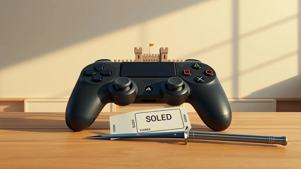 Illustration: A large gaming controller sits on a wooden table next to a blank movie ticket stub and a small toy sword.
