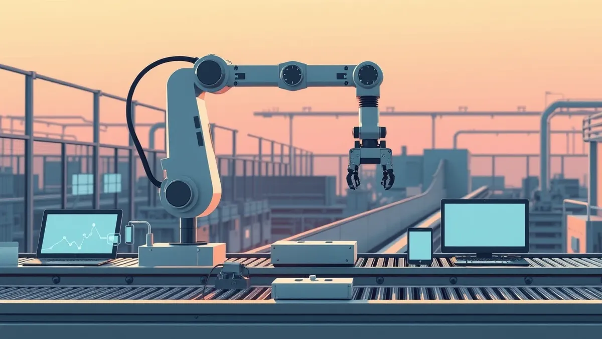 Illustration: A sleek robotic arm assembles precision components on a factory conveyor belt, guided by subtle glowing digital overlays that visualize data flows across the producti