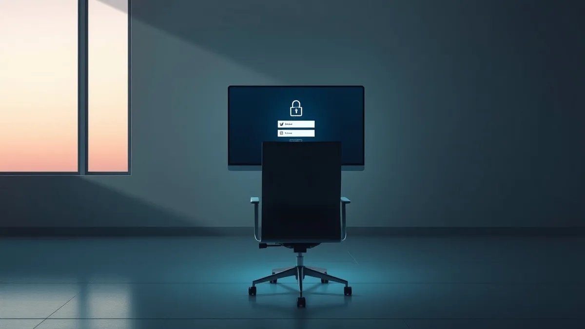 Illustration: A sleek office chair sits empty in a dimly lit room, facing a computer monitor displaying a blank, generic login interface.