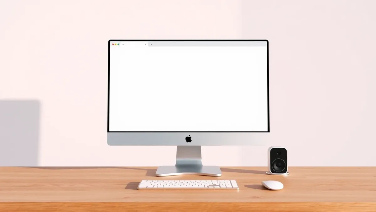 Illustration: A sleek silver desktop computer sits on a minimalist wooden desk, its screen displaying a blank white browser window.