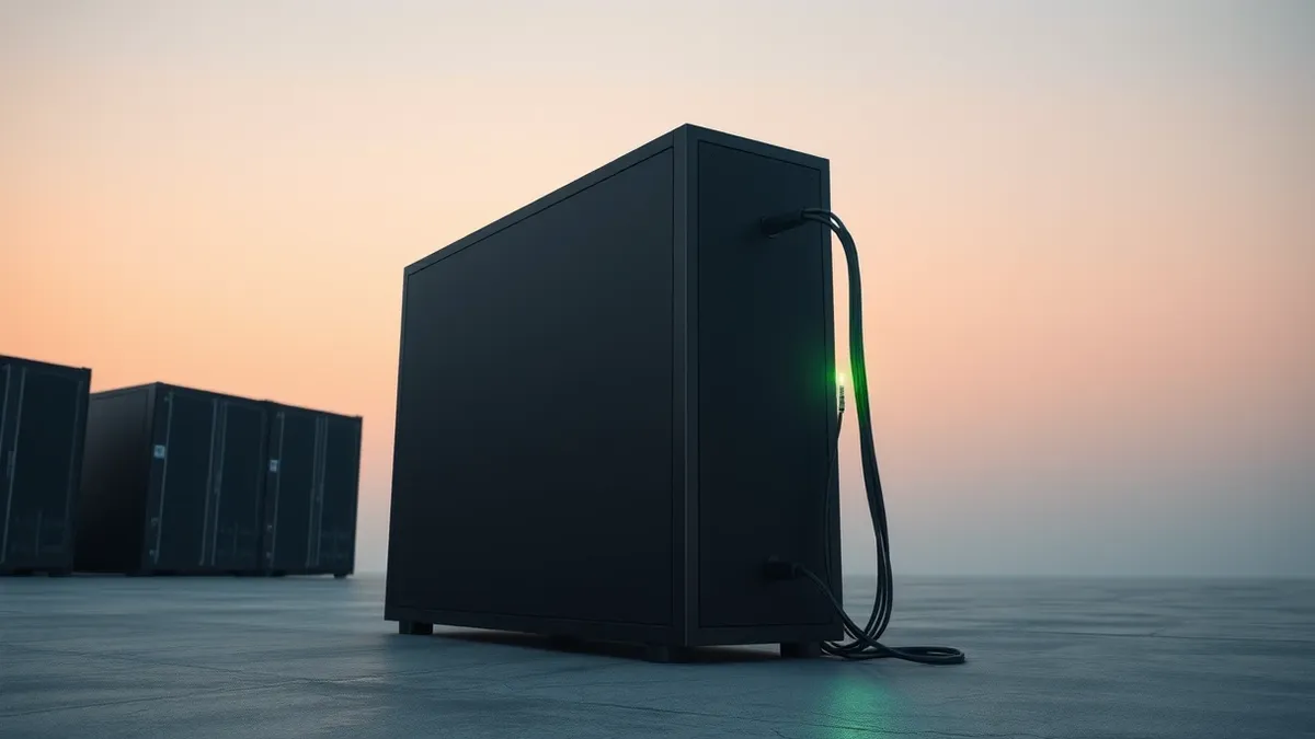 Illustration: A sleek black tower server sits quietly on a concrete floor, its front panel glowing with a single soft green light.