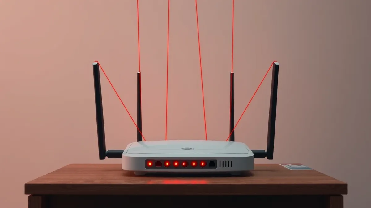 Illustration: A home Wi-Fi router sits on a wooden table with its antennas upright.