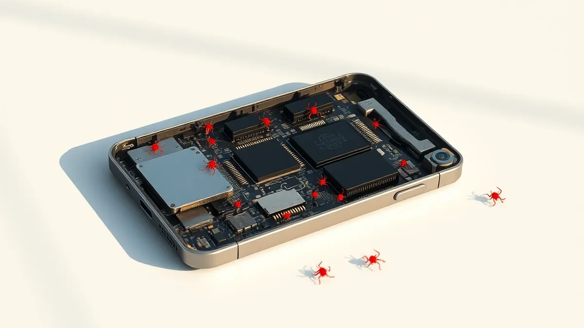 Illustration: A generic budget Android smartphone lies cracked open on a white workbench, exposing its internal circuit boards and battery compartment.
