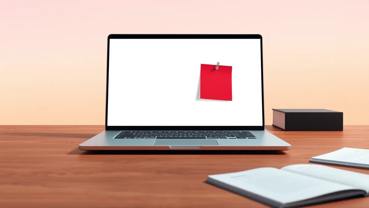 Illustration: A sleek silver laptop sits on a wooden desk, its screen displaying a simple, abstract geometric pattern that suggests hidden complexity.