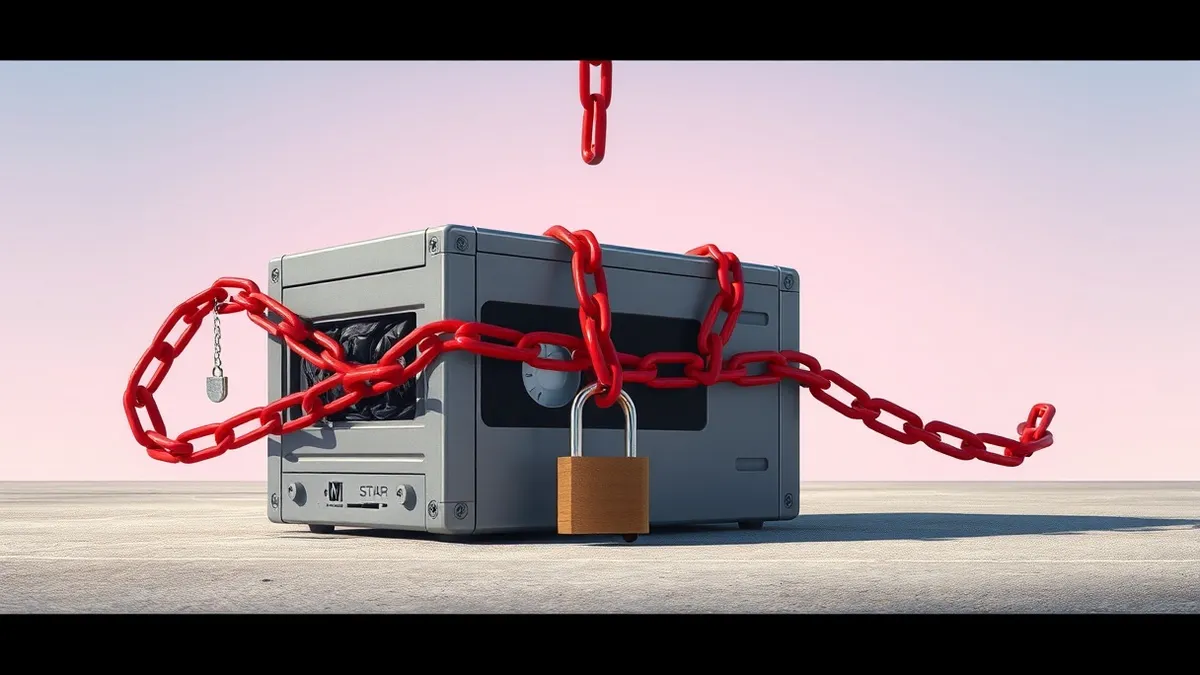 Illustration: A heavy steel tape drive sits on a concrete floor, its slot filled with crumpled black plastic bags.