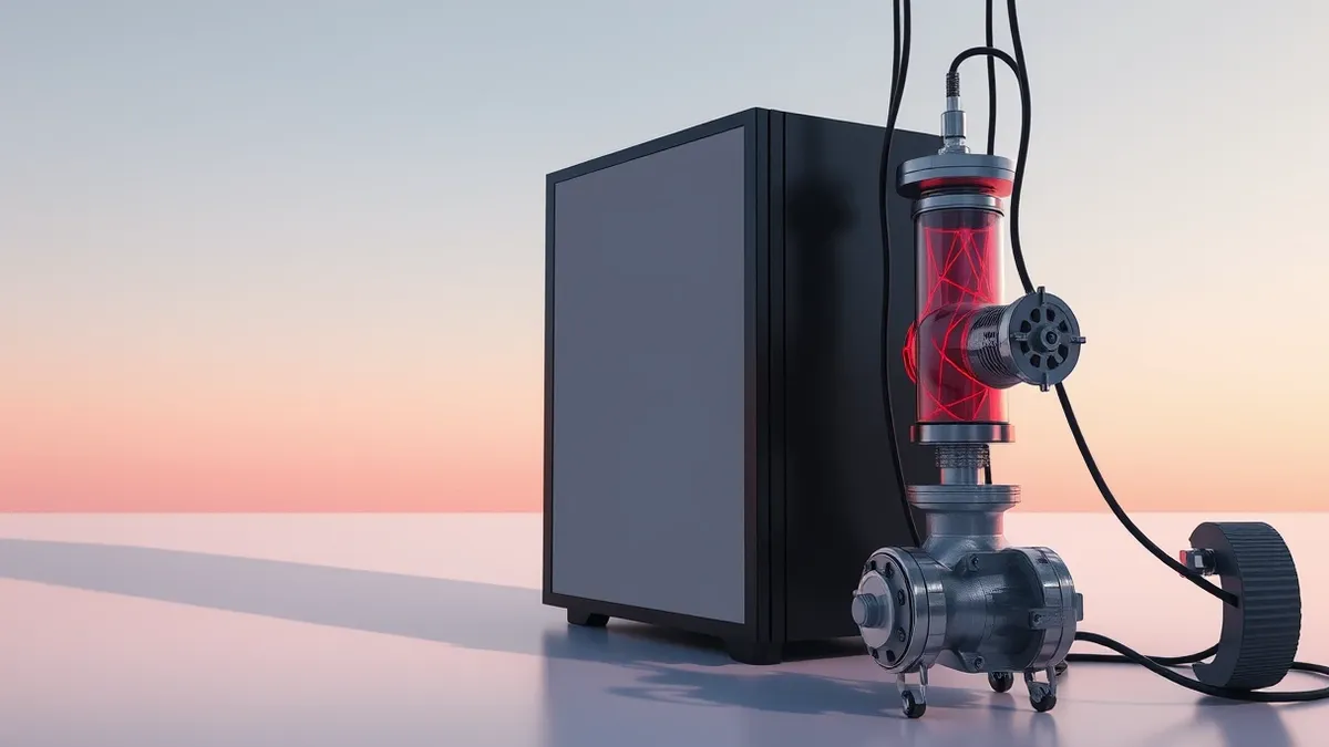 Illustration: A sleek black server unit sits in a sterile laboratory, its blank screen pulsing with abstract red geometric shapes.