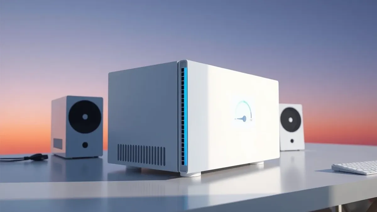 Illustration: A sleek white server module sits on a clean desk.