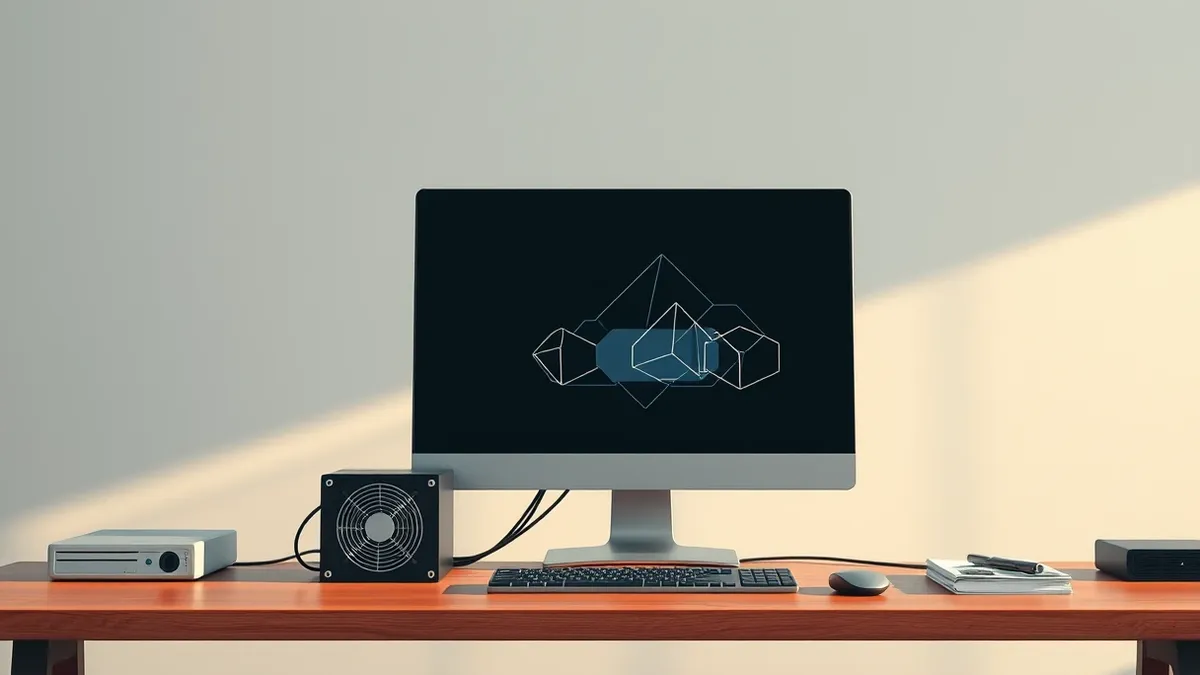 Illustration: A sleek desktop computer sits quietly on a wooden desk, its fan spinning softly while abstract geometric shapes pulse across a blank monitor.