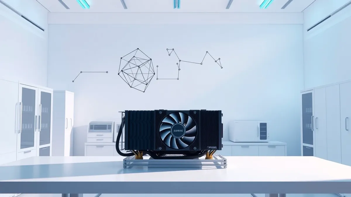 Illustration: A sleek, minimalist white laboratory features a single powerful graphics processing unit cooling fan spinning rapidly on a metal workbench.