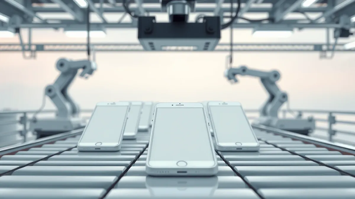 Illustration: A sleek white smartphone rests on a clean assembly line conveyor belt alongside several identical devices.