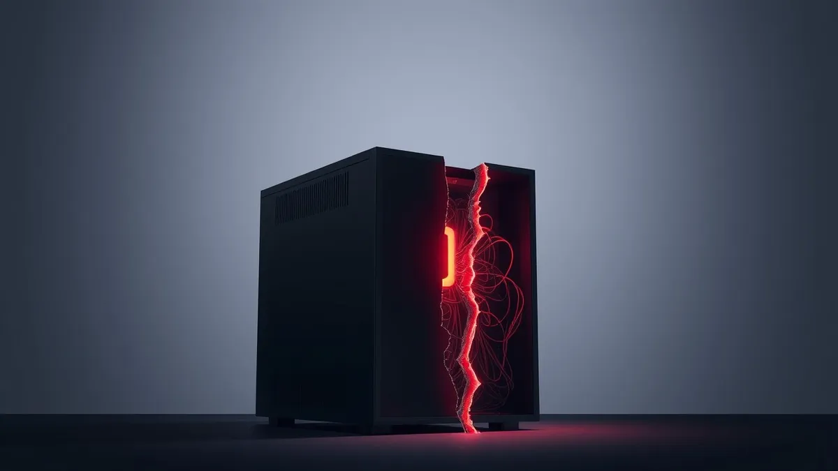 Illustration: A sleek black tower server sits in a dim room, its front panel dominated by a single red warning light.