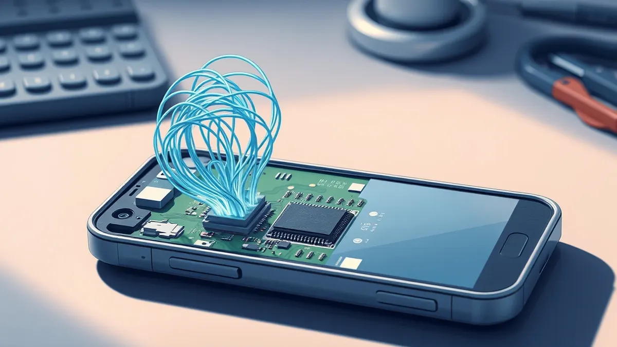 Illustration: A disassembled budget smartphone lies on a workbench.