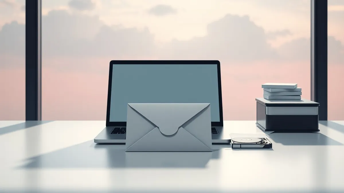Illustration: A sleek corporate office desk holds a closed laptop and a single thick envelope with a torn seal.