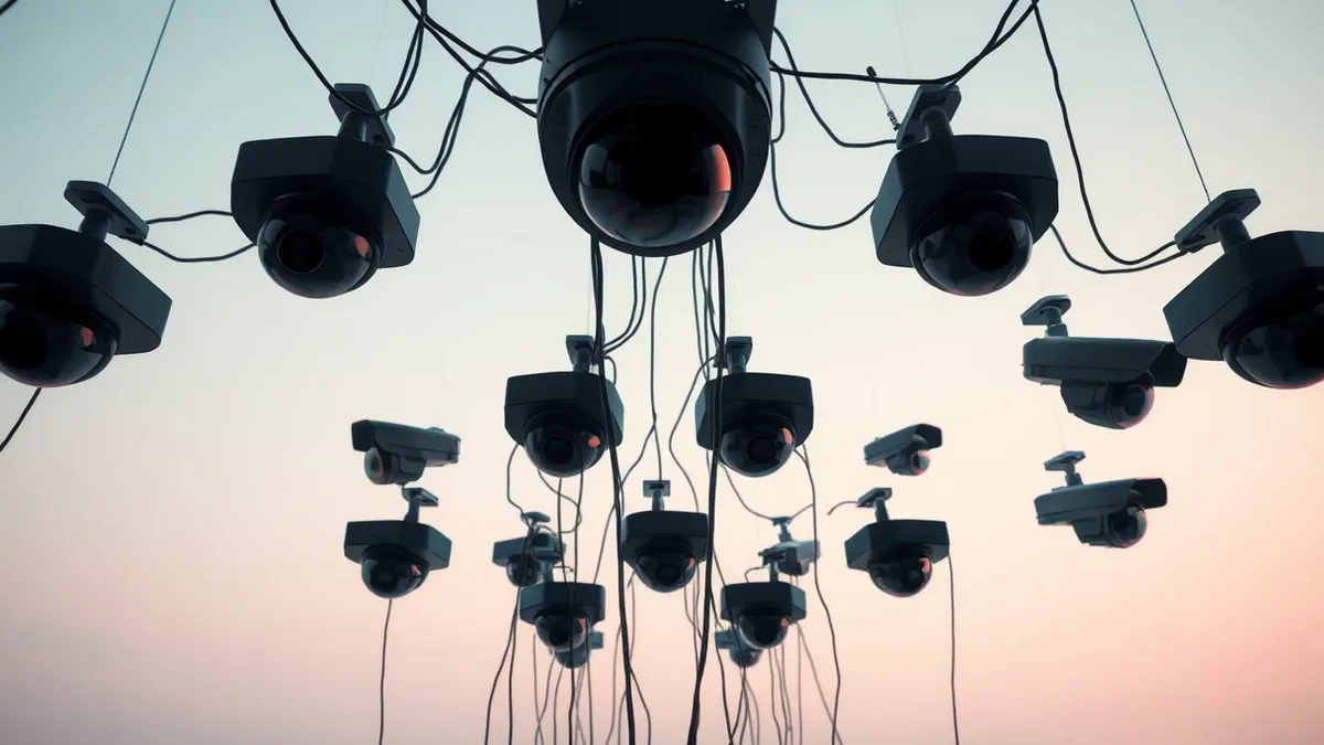 Illustration: A cluster of sleek black surveillance cameras hangs from a ceiling, their lenses pointing downward in a grid pattern.