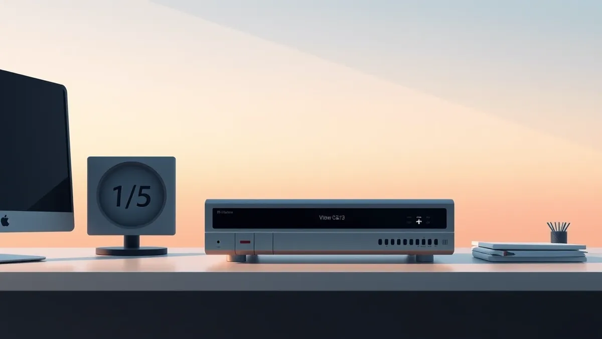 Illustration: A sleek, generic digital video recorder sits on a plain desk next to a blank patch update notification icon.