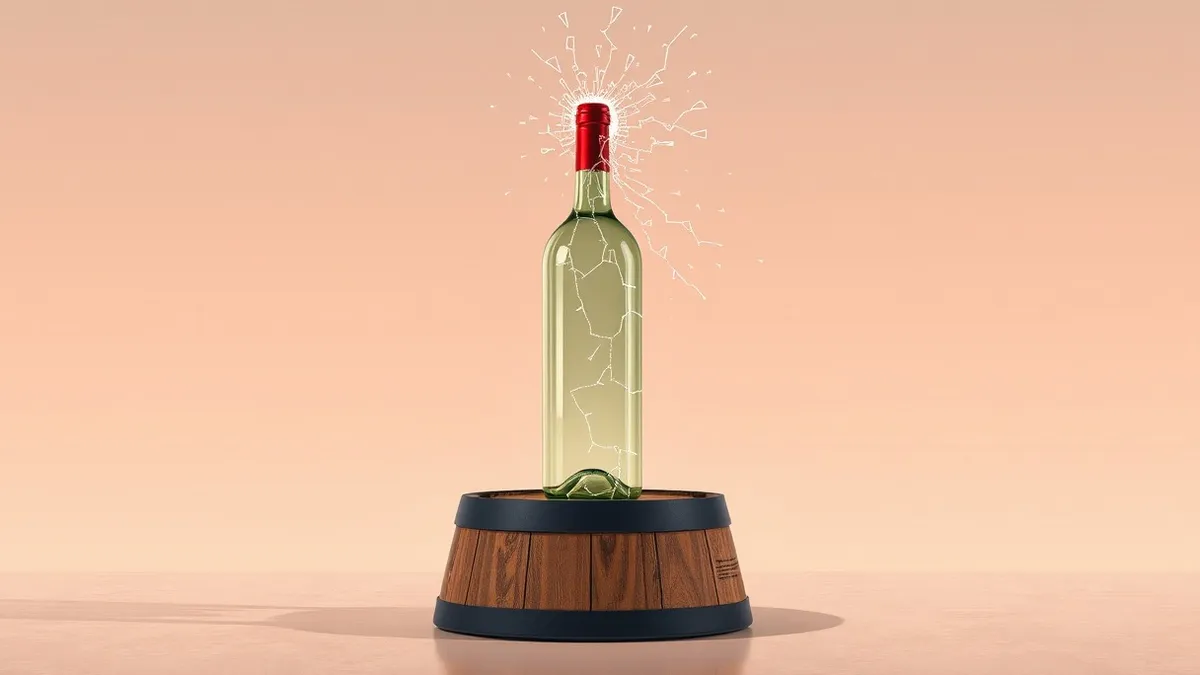 Illustration: A vintage wine bottle sits upright on a wooden barrel, its glass surface cracked with sharp white fractures.