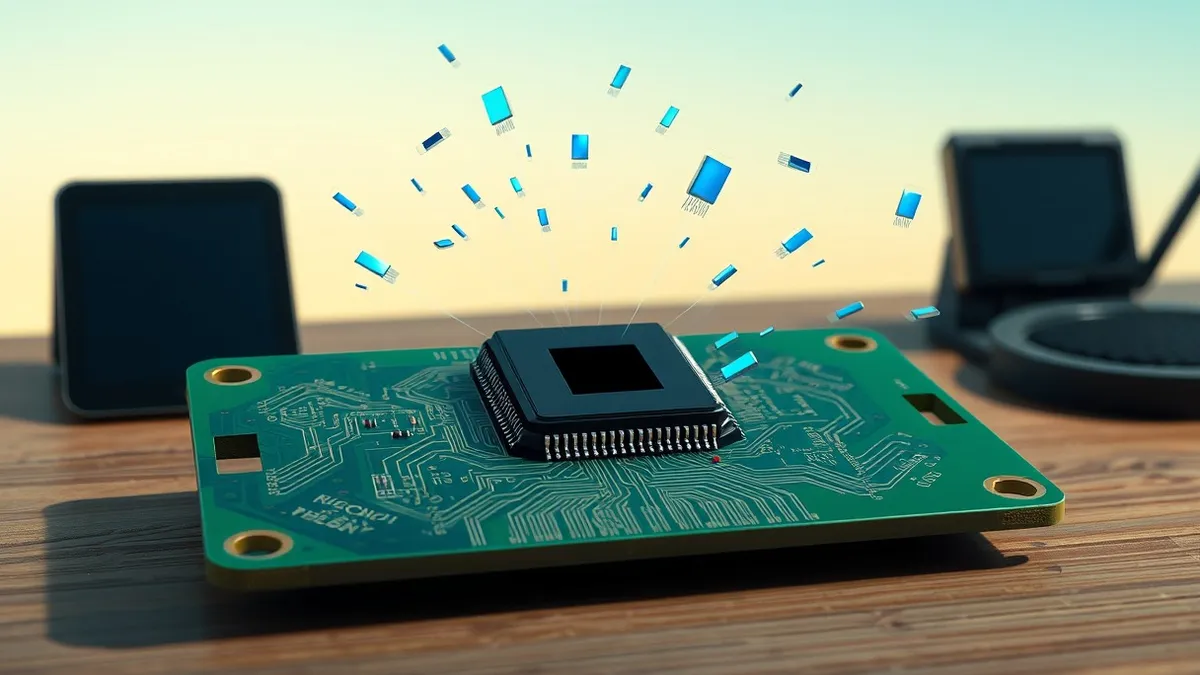 Illustration: A small green circuit board rests on a workbench, its surface etched with intricate copper traces.