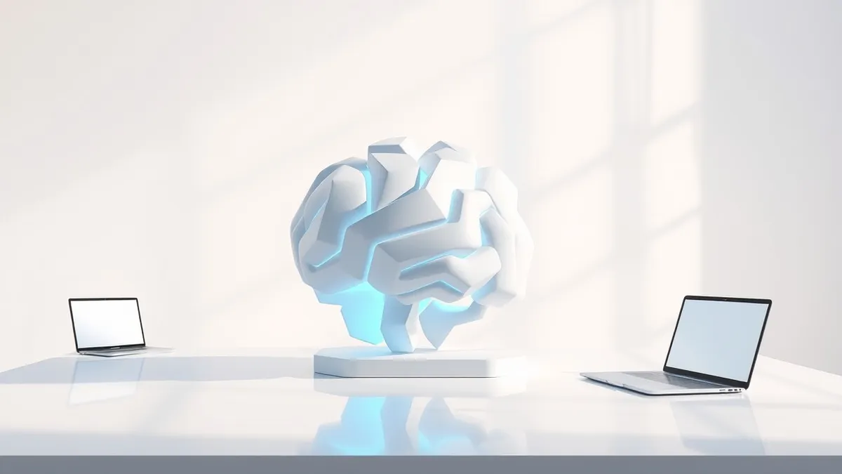 Illustration: A sleek white geometric sculpture shaped like an abstract brain sits on a polished table.