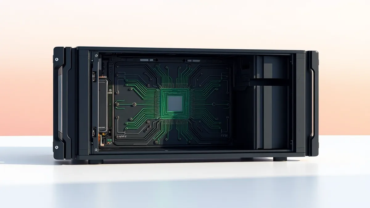 Illustration: A sleek black server chassis sits on a clean white surface with its side panel removed to reveal a single central processor socket.