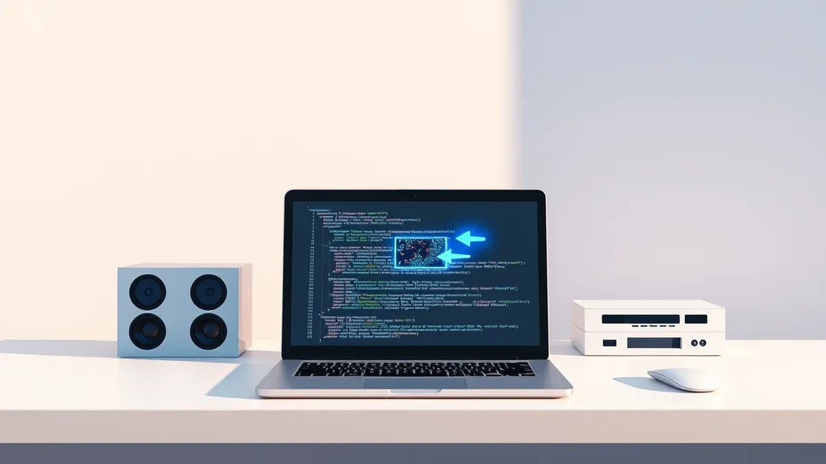 Illustration: A minimalist laptop sits on a clean desk with its screen displaying abstract code structures.