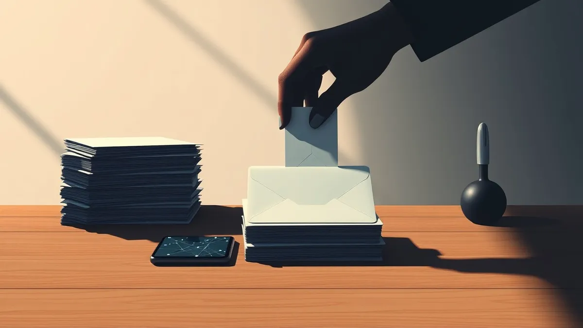 Illustration: A dimly lit desk holds a stack of blank envelopes and a single smartphone displaying abstract network lines.