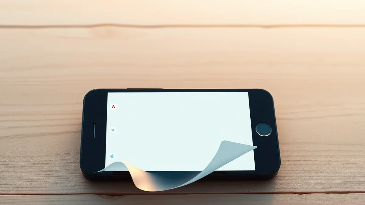 Illustration: A black smartphone rests on a wooden surface with its screen displaying a grid of faint, translucent app icons fading into white emptiness.