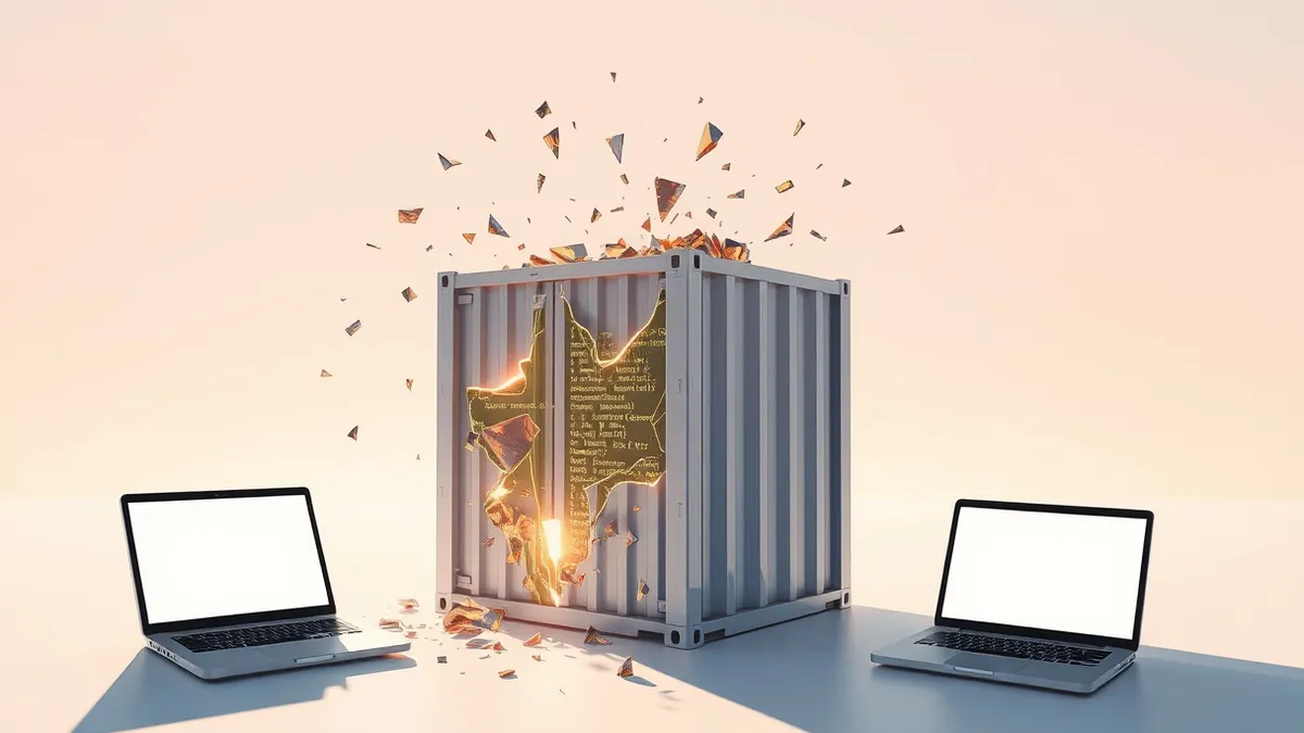 Illustration: A cracked Java heap memory block leaks glowing data fragments into the surrounding space.