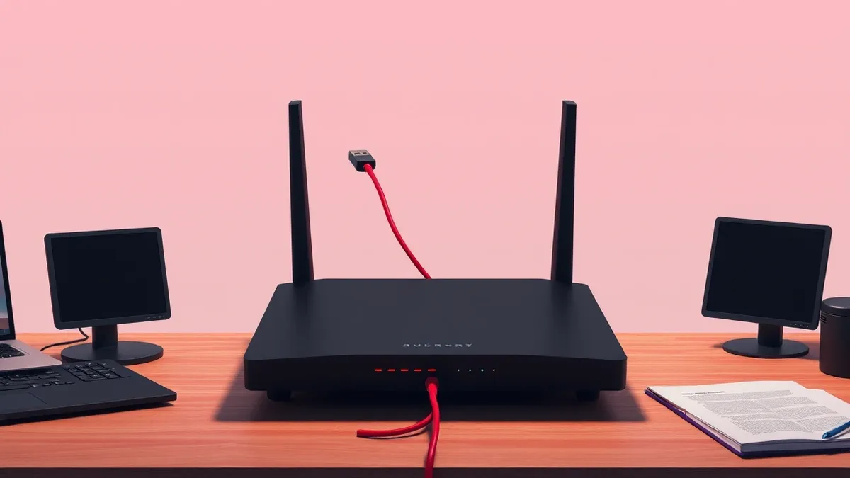 Illustration: A sleek black router sits on a wooden desk while a glowing red wire snakes from its USB port into a dark void, symbolizing unauthorized firmware injection through a s