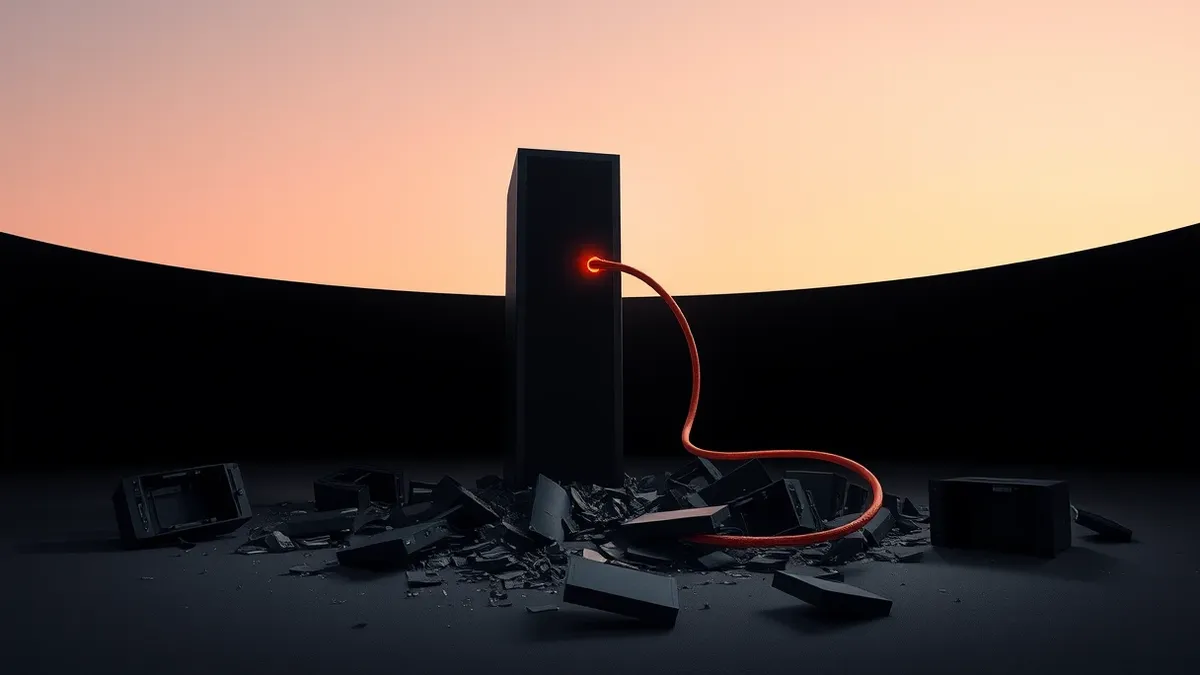 Illustration: A single black server blade stands upright in a dark void, surrounded by several broken, shattered server units scattered on the floor below.