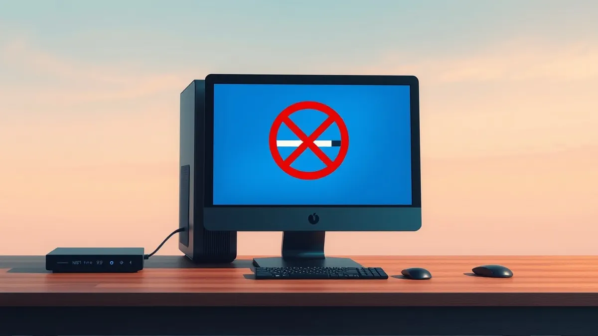 Illustration: A sleek desktop computer sits on a wooden desk with a glowing monitor displaying a blank installation screen.