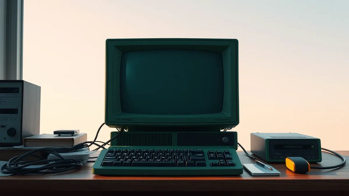Illustration: A vintage green terminal monitor sits on a cluttered wooden desk, its blank screen displaying only abstract geometric shapes.