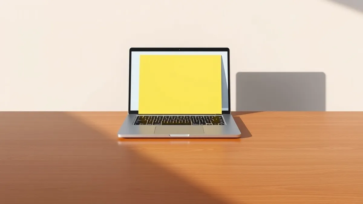 Illustration: A sleek silver laptop sits closed on a polished wooden desk, casting a sharp shadow.