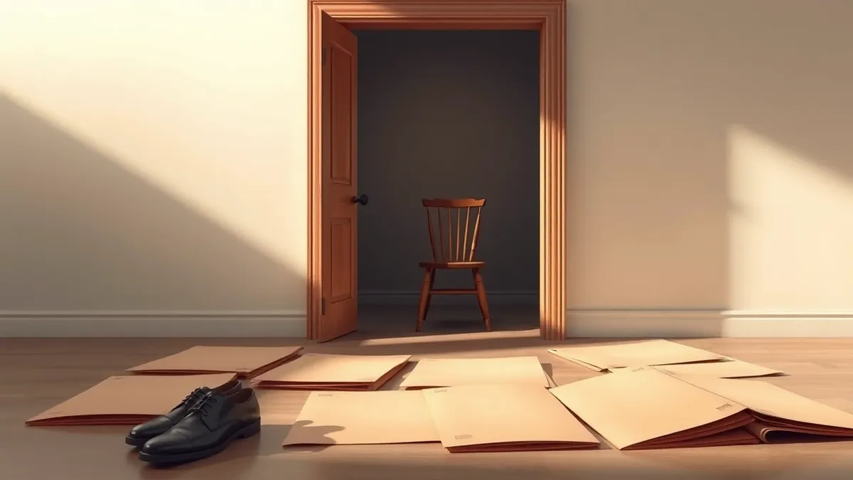 Illustration: A wooden door stands slightly ajar, revealing a dim interior with a single chair.