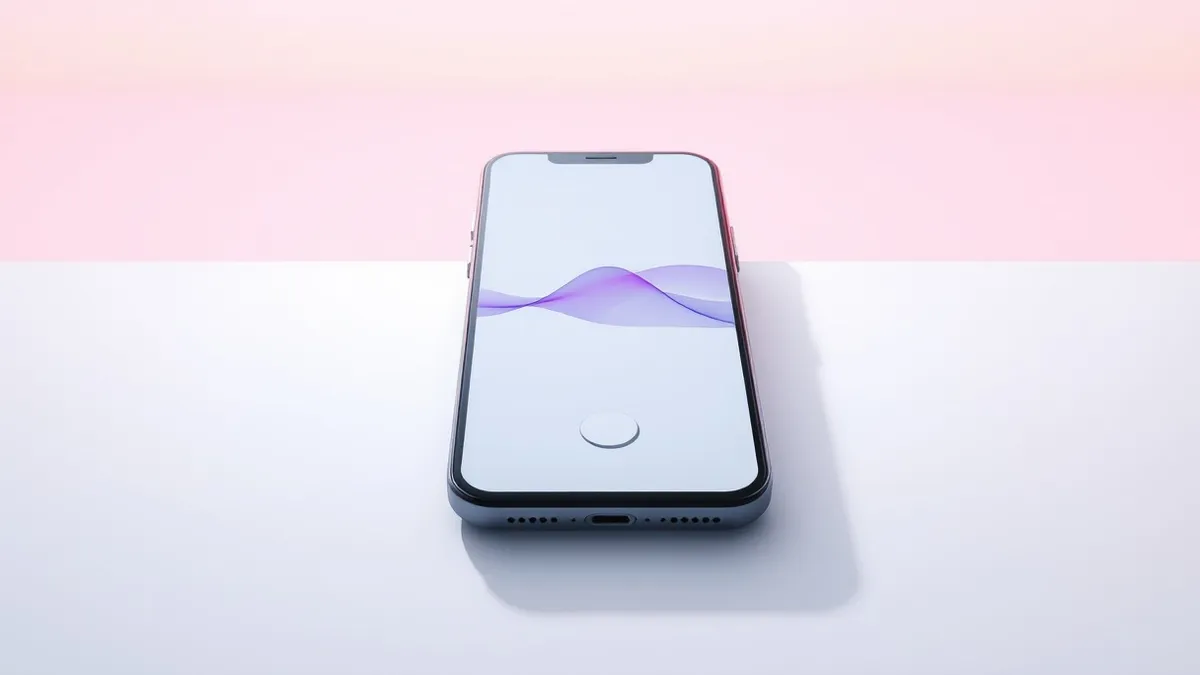 Illustration: A smartphone rests on a clean white surface with its screen displaying a large, smooth purple wave animation.
