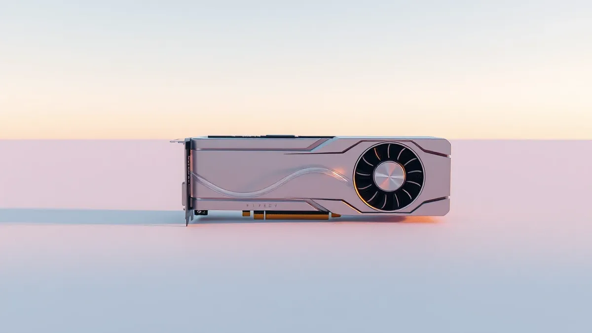 Illustration: A sleek graphics card rests on a matte surface, its metallic shroud reflecting soft light.