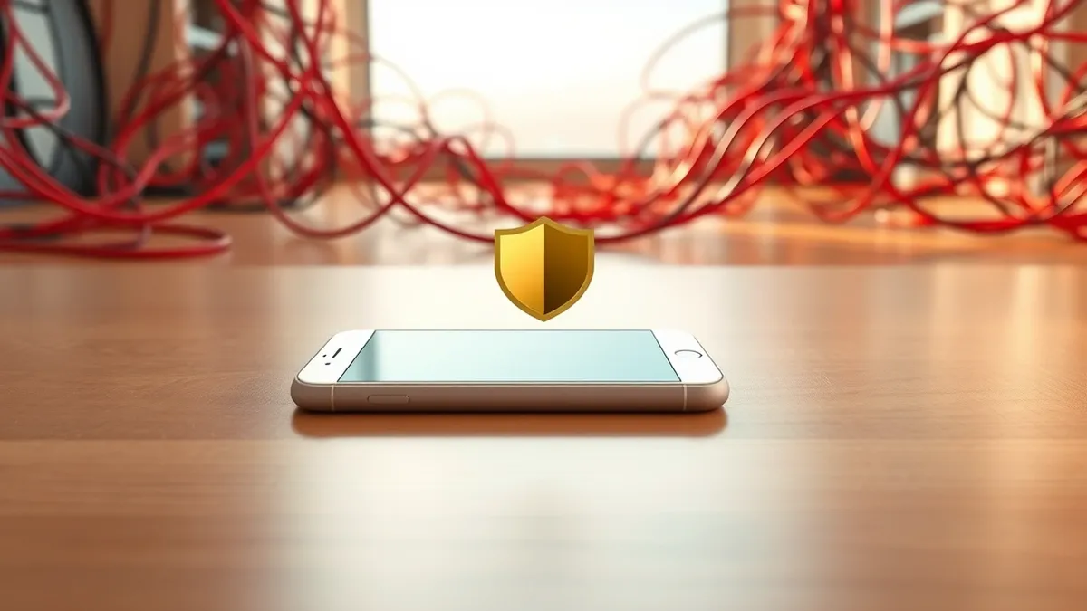 Illustration: A sleek white smartphone rests on a polished wooden table, its screen displaying a large golden shield icon.