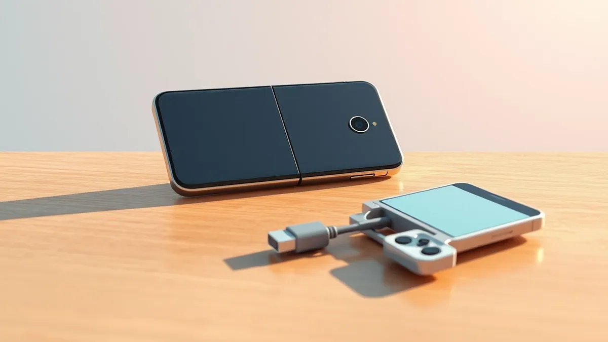 Illustration: A sleek smartphone with a central hinge rests on a polished wooden surface, its nanotexture back catching the light.