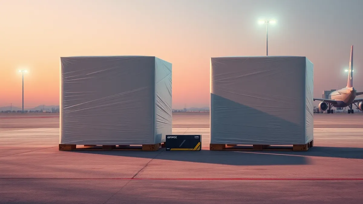 Illustration: Two sealed industrial pallets wrapped in translucent plastic sit alone on a concrete airport tarmac under harsh floodlights.