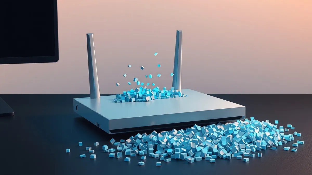 Illustration: A sleek silver network router sits on a dark desk.