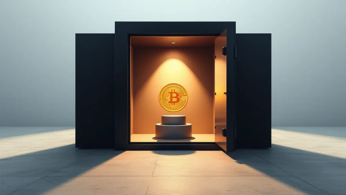Illustration: A sleek black vault door stands slightly ajar, revealing a single glowing gold coin resting on a pedestal inside.