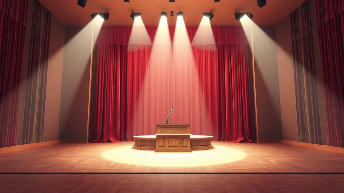 Illustration: A polished wooden podium stands before a heavy velvet curtain in a grand hall.