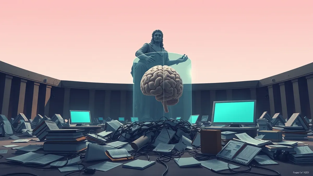 Illustration: A cracked corporate statue sits inside a dim courtroom while a sleek digital brain emerges from the rubble, wrapped in a translucent shield that separates it from sca