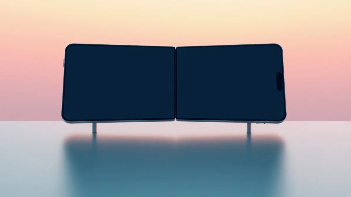 Illustration: A sleek foldable smartphone rests open on a matte table, its flexible hinge fully extended to reveal a wide, continuous display.