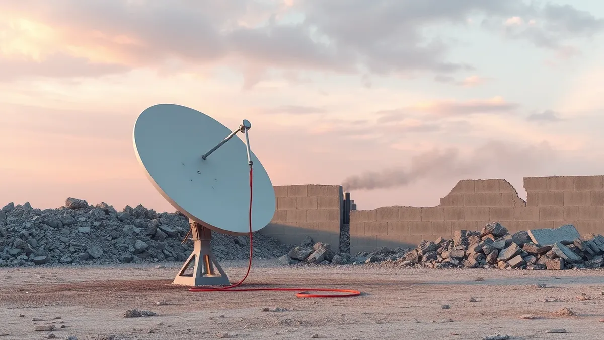 Illustration: A silver satellite dish stands alone in a field of grey rubble under a cloudy sky, its white antenna tilted sharply toward the upper left corner.