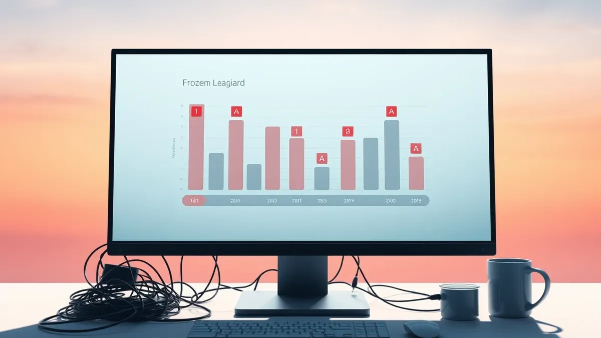 Illustration: A computer monitor displays a frozen digital leaderboard with abstract bars in muted colors.