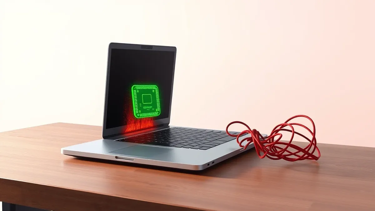 Illustration: A sleek silver laptop sits on a wooden desk with its lid open, emitting visible heat waves from the vents.