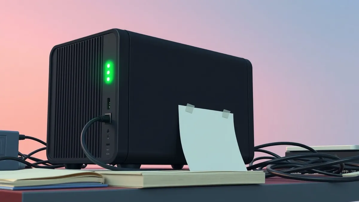 Illustration: A sleek black security appliance sits on a cluttered desk with its single green indicator light blinking steadily.